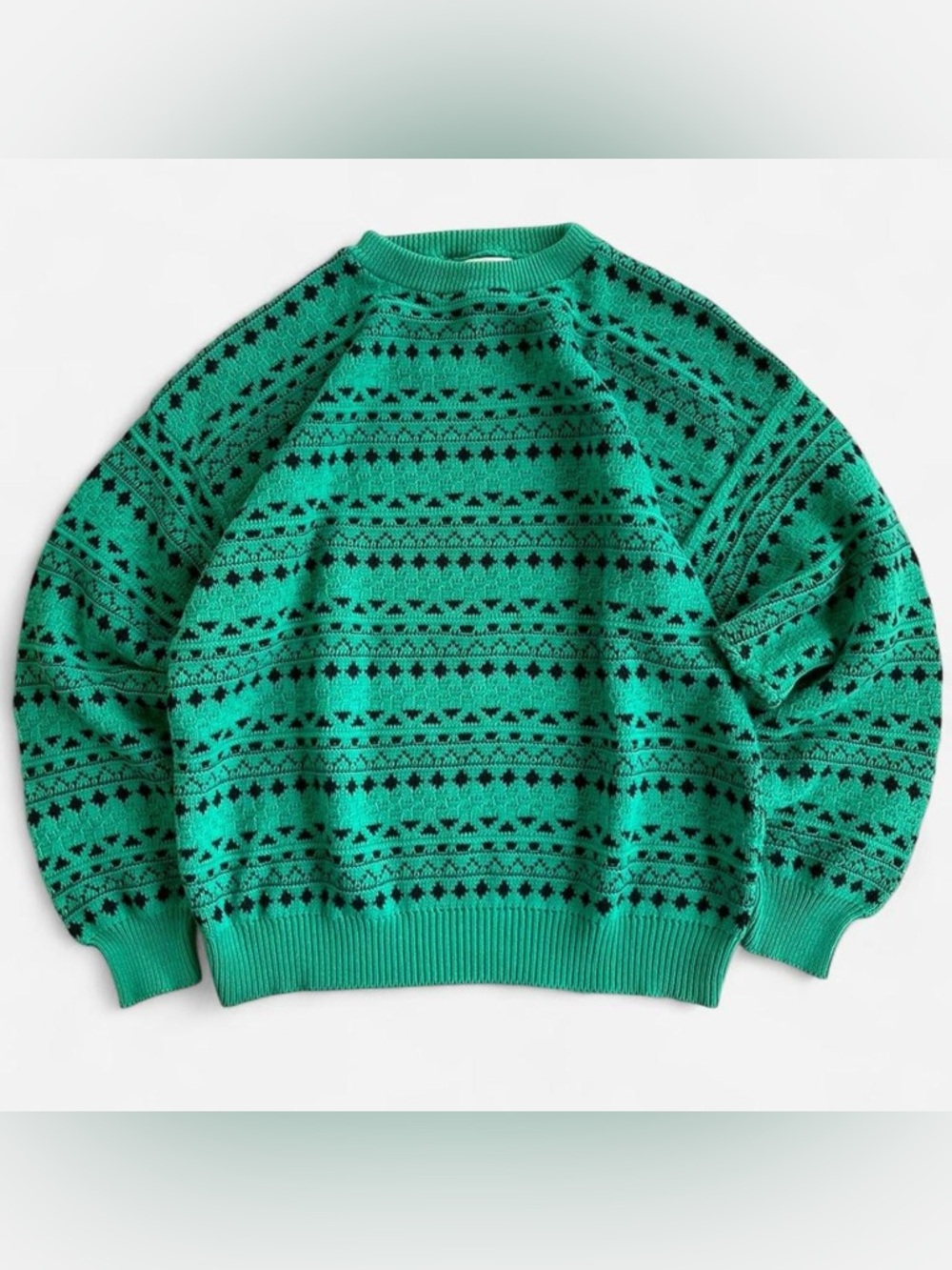 80s 90s Eric Rhodes Green Black Knit Sweater Classic Retro Geometric Nordic L
